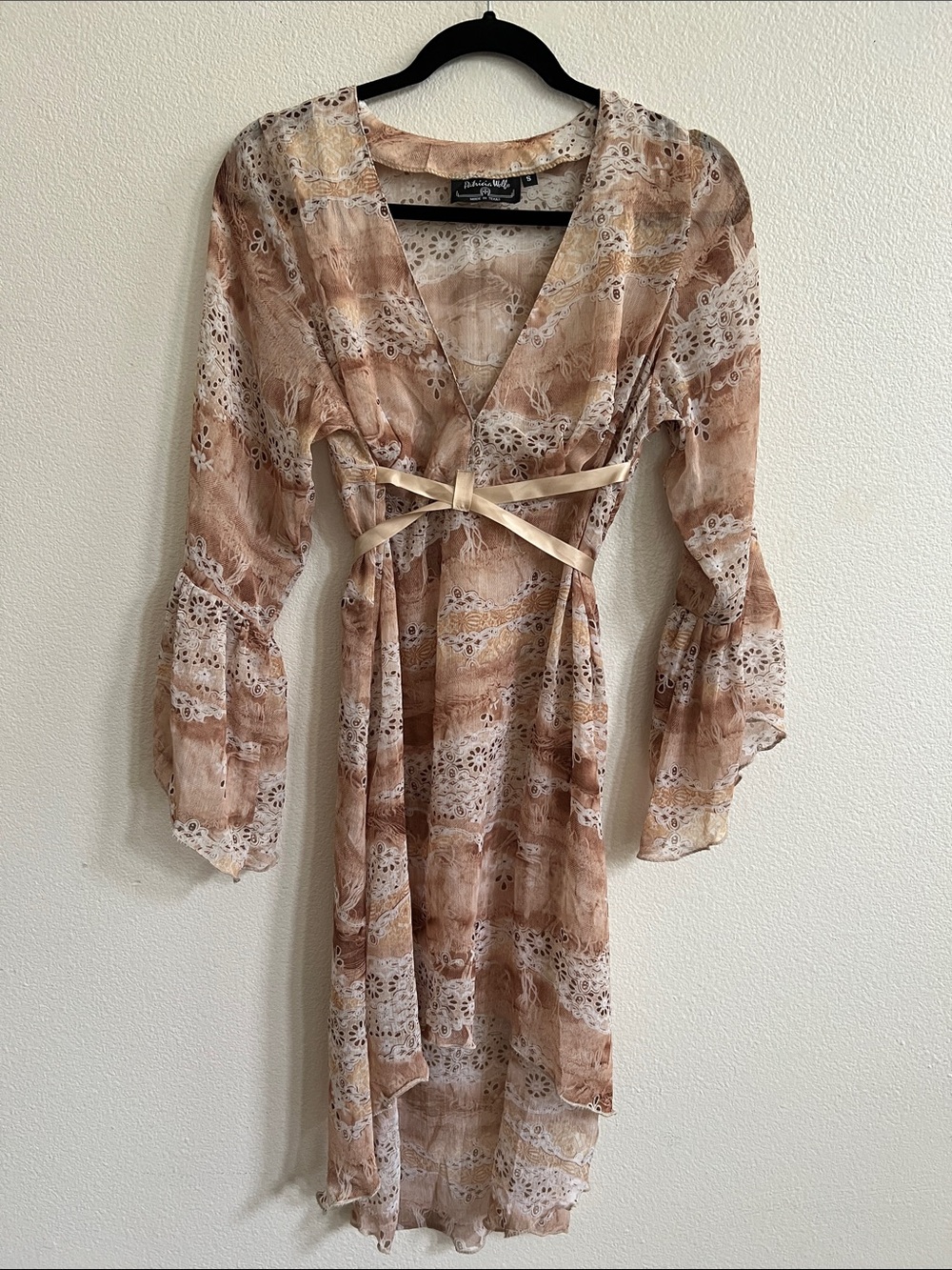PATRICIA WOLF Western Boho Sheer Midi Tunic Dress V-Neck Low-High Hem Multi S